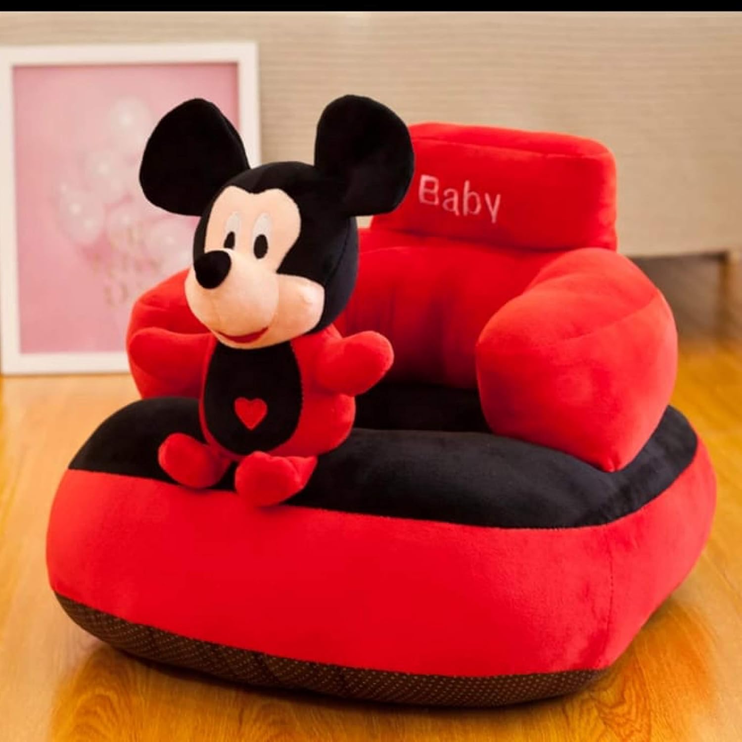 Baby Soft Plush Cushion Baby Sofa Seat Or Rocking Chair for Kids Use for Baby 0 to 2 Years Birthday Gift Baby Sofa Baby chair Red and Black